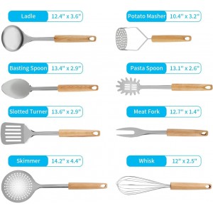 Keewah Cooking Utensil Set, 8 Piece, Stainless steel with Wood Handle