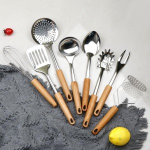 Keewah Cooking Utensil Set, 8 Piece, Stainless steel with Wood Handle