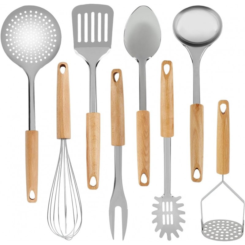 Keewah Cooking Utensil Set, 8 Piece, Stainless steel with Wood Handle