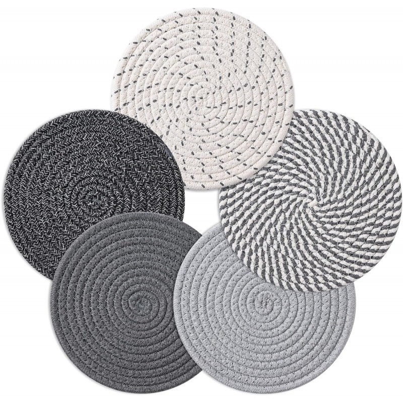 7 Inch Trivets for Hot Dishes, Pots and Pans, 5 Heat Resistant Pot Holders for Kitchen, Home Essentials, Hot Pads for Countertop and Table, Farmhouse Decor Vase Mats, Gray