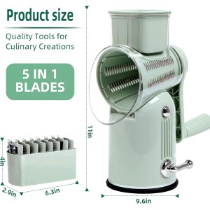 Rotary Cheese Grater with Handle, Vegetable Shredder with 5 Replaceable Blades & Strong Suction Base, Round Food Slicer & Chopper for Kitchen Fruit Vegetables Nuts with Blade Storage Box (Green)