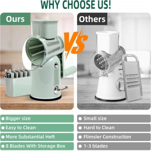 Rotary Cheese Grater with Handle, Vegetable Shredder with 5 Replaceable Blades & Strong Suction Base, Round Food Slicer & Chopper for Kitchen Fruit Vegetables Nuts with Blade Storage Box (Green)