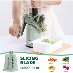 Rotary Cheese Grater with Handle, Vegetable Shredder with 5 Replaceable Blades & Strong Suction Base, Round Food Slicer & Chopper for Kitchen Fruit Vegetables Nuts with Blade Storage Box (Green)