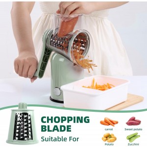 Rotary Cheese Grater with Handle, Vegetable Shredder with 5 Replaceable Blades & Strong Suction Base, Round Food Slicer & Chopper for Kitchen Fruit Vegetables Nuts with Blade Storage Box (Green)