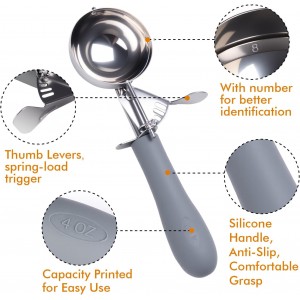 4 OZ Scoop, #8 Disher, Large Ice Cream Scoop with Trigger, Muffin Scoop, Large Cookie Scoops for Baking, Grey Handle, With Trigger for Portion Control