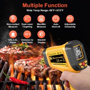 Ir Infrared Thermometer Gun -58°F to 1472°F with Backlit Display, Laser Temperature Gun with Adjustable Emissivity & Max and Min Measure, Dual Laser Targeting Temp Gun for Cooking, Pizza Oven, Engine