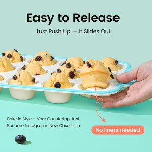 Silicone Muffin Pans for Baking 2 Pack, 2.6 Inch with Metal Reinforced Frame, Regular Size Nonstick Cupcake Pan 12 Cups for Baking Homemade Muffins, Dishwasher Safe BPA Free-Blue