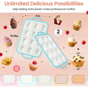 Silicone Muffin Pans for Baking 2 Pack, 2.6 Inch with Metal Reinforced Frame, Regular Size Nonstick Cupcake Pan 12 Cups for Baking Homemade Muffins, Dishwasher Safe BPA Free-Blue