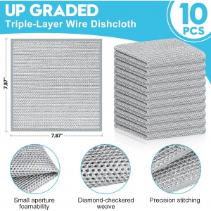 10 Pcs New Upgraded 3 Layers Non Scratch Wire Dishcloth, Multipurpose Wire Dishwashing Rags, Wet & Dry for Cookware, Sinks, Dishes, Stoves & Fireplaces (7.87 x 7.87-10pcs)