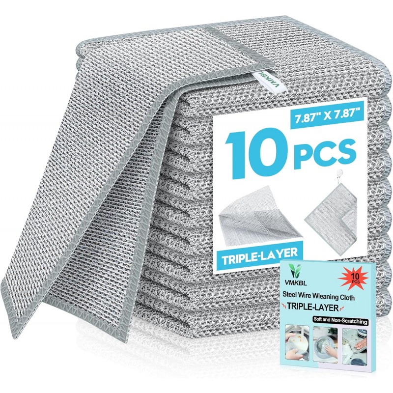 10 Pcs New Upgraded 3 Layers Non Scratch Wire Dishcloth, Multipurpose Wire Dishwashing Rags, Wet & Dry for Cookware, Sinks, Dishes, Stoves & Fireplaces (7.87 x 7.87-10pcs)