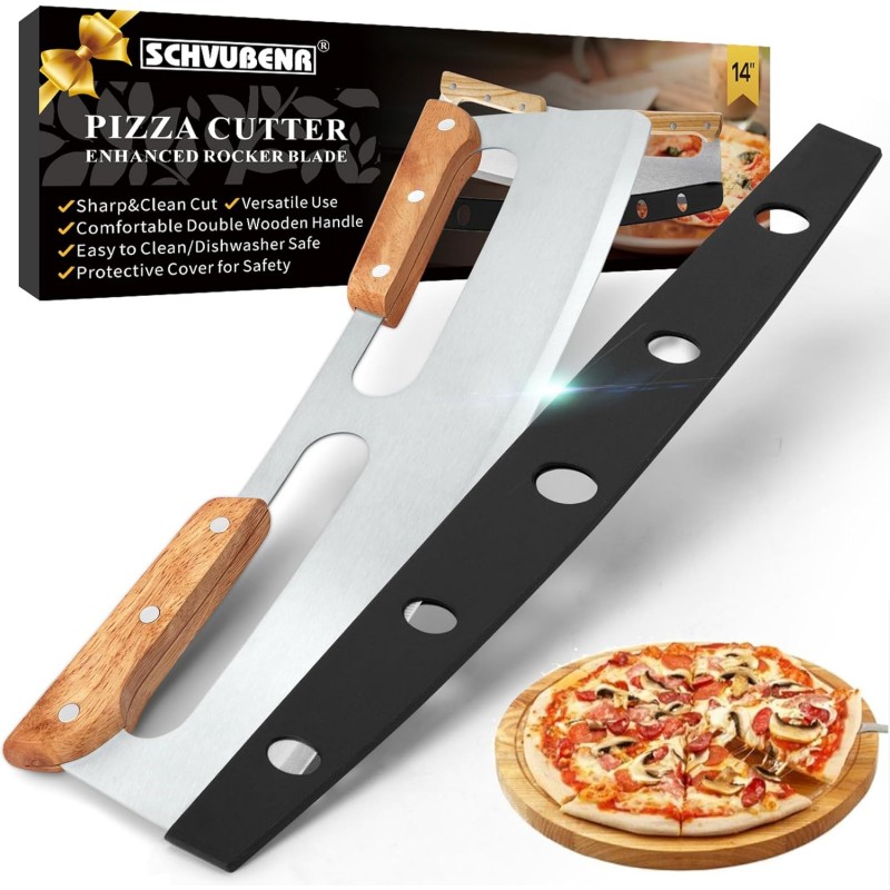 SCHVUBENR 14'' Pizza Cutter Rocker with Large Cover - Sharp Stainless Steel Pizza Slicer with Wooden Handles - Large Pizza Knife Cutter Wheel - Easy to Use & Clean - Slice Pizza with Ease