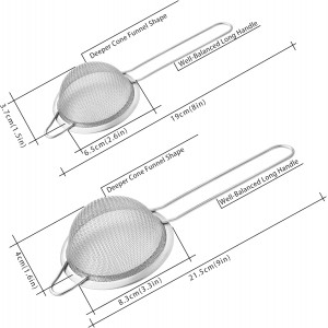 2 Pack Fine Mesh Strainers, Mini Stainless Steel Strainer with Handle for Kitchen, Metal Sieve Sifters for Straining Tea, Matcha, Cocktail, Juice and Coffee (8.6in 7.5in)