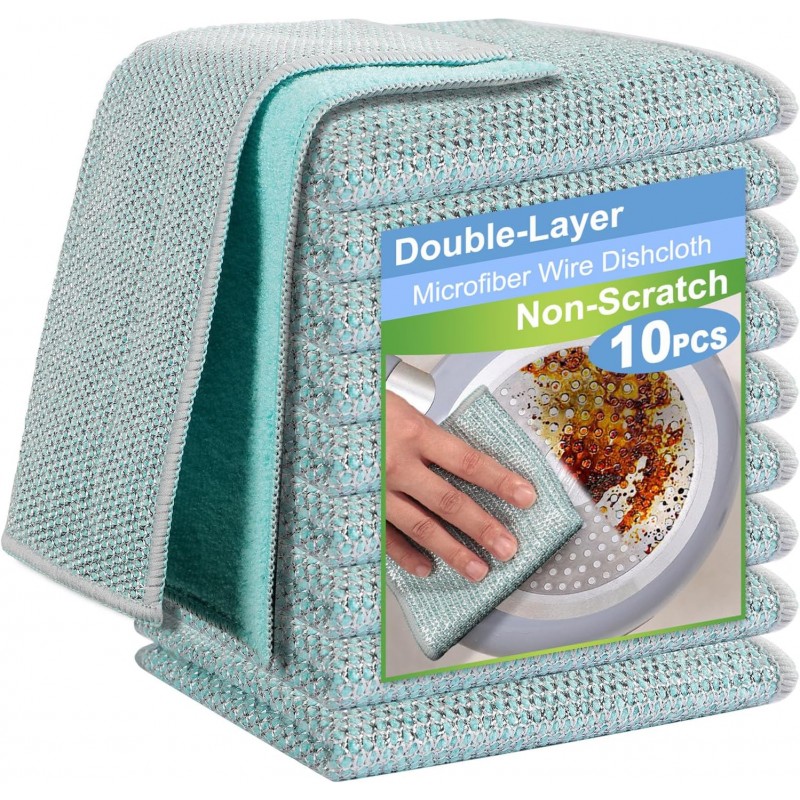10pcs New Upgrade 2-Layer Microfiber Wire Dishcloth,Non-Scratch Wire Dishwashing Rags for Wet and Dry,Metal Scrubbers, Kitchen Miracle Cleaning Dish Rags for Cookware,Sinks, Dishes,Stove,Blue