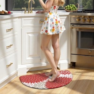 KIMODE Half Circle Kitchen Mats for Floor Cushioned Anti Fatigue,Semi Round Floral Boho Kitchen Rug Non Slip,Waterproof Padded Kitchen Floor Mat Carpet Decor for Sink Laundry Bathroom,Red