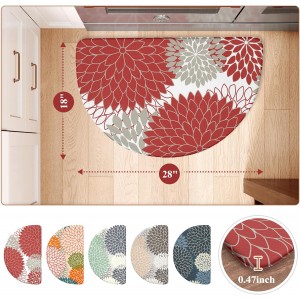 KIMODE Half Circle Kitchen Mats for Floor Cushioned Anti Fatigue,Semi Round Floral Boho Kitchen Rug Non Slip,Waterproof Padded Kitchen Floor Mat Carpet Decor for Sink Laundry Bathroom,Red