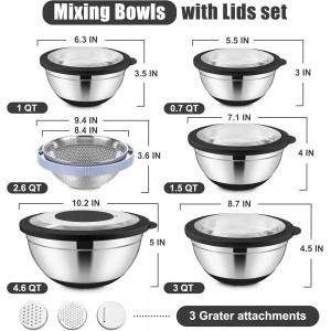 E-far Mixing Bowls with Lids Set, 15PCS Stainless Steel Mixing Nesting Bowl with Colander & 3 Metal Grater for Kitchen Prep/Baking/Storage, Non-Slip Bottom & Airtight Lid, 4.6, 3, 1.5, 1, 0.7QT, Black