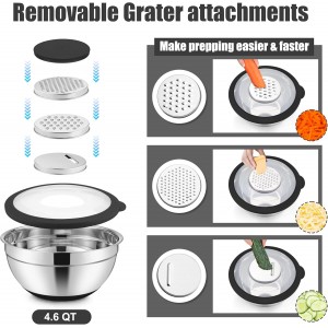 E-far Mixing Bowls with Lids Set, 15PCS Stainless Steel Mixing Nesting Bowl with Colander & 3 Metal Grater for Kitchen Prep/Baking/Storage, Non-Slip Bottom & Airtight Lid, 4.6, 3, 1.5, 1, 0.7QT, Black