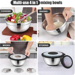 E-far Mixing Bowls with Lids Set, 15PCS Stainless Steel Mixing Nesting Bowl with Colander & 3 Metal Grater for Kitchen Prep/Baking/Storage, Non-Slip Bottom & Airtight Lid, 4.6, 3, 1.5, 1, 0.7QT, Black