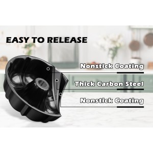 Leonyo 10Inch Nonstick Fluted Cake Pan, Heavy Duty Nonstick 10 Cups Carbon Steel Round Tube Pan for Baking Pound Cake, Oven Safe, Black