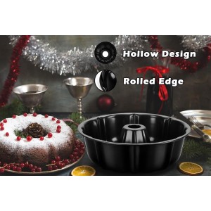 Leonyo 10Inch Nonstick Fluted Cake Pan, Heavy Duty Nonstick 10 Cups Carbon Steel Round Tube Pan for Baking Pound Cake, Oven Safe, Black