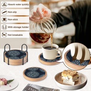 Wood Coasters Set of 4 with Holder, Cewiru Cup Mat for Drinks, Absorbent Coasters with Felt Insert for Coffee Table Protection, Modern Style Home Dining Table Decor, 4.3