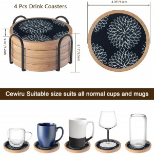 Wood Coasters Set of 4 with Holder, Cewiru Cup Mat for Drinks, Absorbent Coasters with Felt Insert for Coffee Table Protection, Modern Style Home Dining Table Decor, 4.3