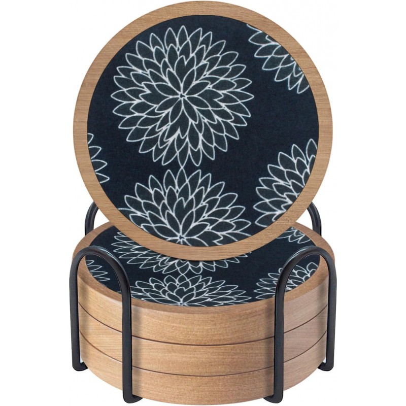 Wood Coasters Set of 4 with Holder, Cewiru Cup Mat for Drinks, Absorbent Coasters with Felt Insert for Coffee Table Protection, Modern Style Home Dining Table Decor, 4.3