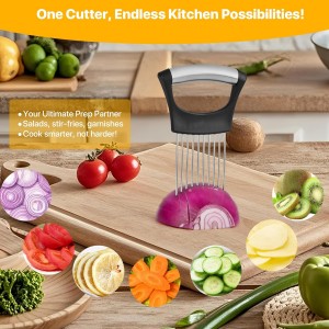 【2 PCS】Onion Holder for Slicing - Stainless Steel Vegetable & Fruit Cutter Chopper for Onions, Tomatoes, Avocados, Potatoes, Eggs, Meat & Lemon - Kitchen Slicer Assistant with Neat Guide & Tenderizer.