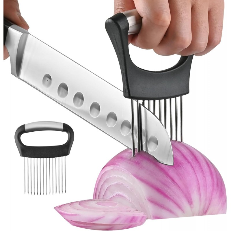 【2 PCS】Onion Holder for Slicing - Stainless Steel Vegetable & Fruit Cutter Chopper for Onions, Tomatoes, Avocados, Potatoes, Eggs, Meat & Lemon - Kitchen Slicer Assistant with Neat Guide & Tenderizer.