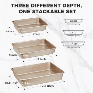 HONGBAKE Deep Baking Pans Set for Oven, Nonstick Rectangle Sheet Cake Pans for Baking, 13/11/9 Inch Rectangular Oven Tray for Cooking Brownie Lasagna, Stackable Multi-Depth Bakeware, Golden