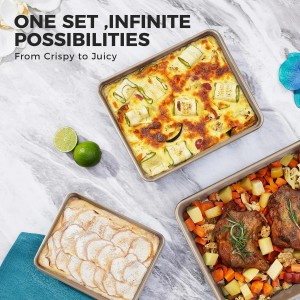 HONGBAKE Deep Baking Pans Set for Oven, Nonstick Rectangle Sheet Cake Pans for Baking, 13/11/9 Inch Rectangular Oven Tray for Cooking Brownie Lasagna, Stackable Multi-Depth Bakeware, Golden