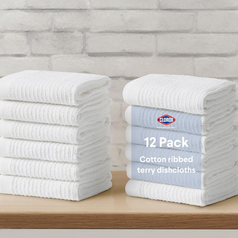 Clorox Ribbed Dishcloths - 100% Cotton Quick Dry Dish Cloths - Absorbent Multipurpose Cleaning for Restaurants, Kitchen, Bathroom, Hotel - 12