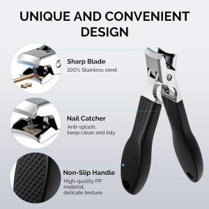 MelodySusie Wide Jaw Opening Nail Clippers Set, 2 pcs Toenail Clippers for Seniors Thick Nails, Anti-Splash Curved and Slanted Nail Clippers for Men Women, Fingernail Cutter with Catcher, Black