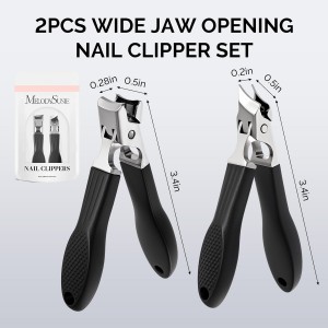 MelodySusie Wide Jaw Opening Nail Clippers Set, 2 pcs Toenail Clippers for Seniors Thick Nails, Anti-Splash Curved and Slanted Nail Clippers for Men Women, Fingernail Cutter with Catcher, Black