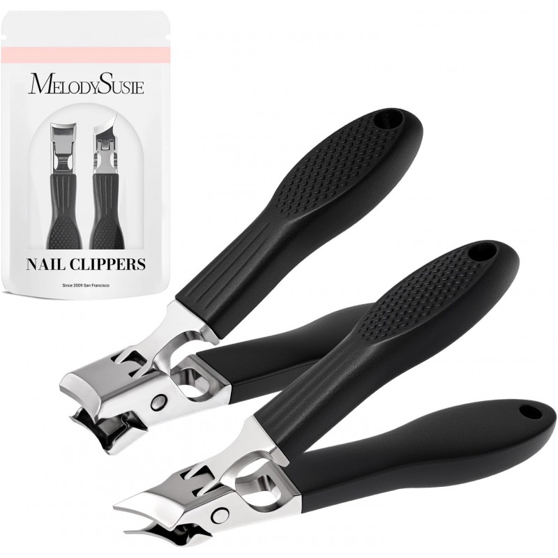 MelodySusie Wide Jaw Opening Nail Clippers Set, 2 pcs Toenail Clippers for Seniors Thick Nails, Anti-Splash Curved and Slanted Nail Clippers for Men Women, Fingernail Cutter with Catcher, Black