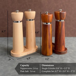 Wooden Salt and Pepper Grinder Set – Refillable Salt and Pepper Mill with Adjustable Upgraded Large Size Ceramic Burr – Manual Pepper Grinder with Acacia Wood Body – 8.3” Tall