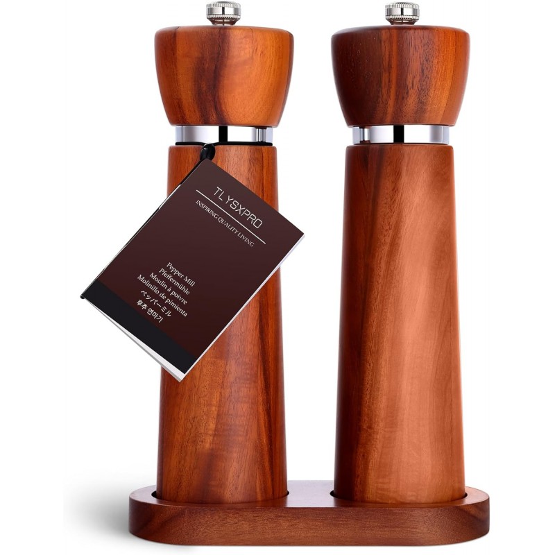 Wooden Salt and Pepper Grinder Set – Refillable Salt and Pepper Mill with Adjustable Upgraded Large Size Ceramic Burr – Manual Pepper Grinder with Acacia Wood Body – 8.3” Tall