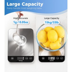 Food Scale, 33lb Rechargeable Kitchen Scale with Stainless Steel, Grams and Ounces, USB Charging, 1g High Accuracy for Baking, Cooking & Food Prep, Black, BK806