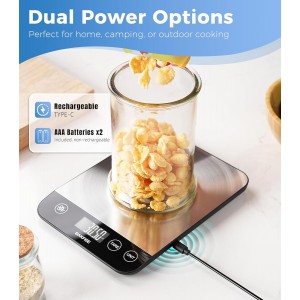 Food Scale, 33lb Rechargeable Kitchen Scale with Stainless Steel, Grams and Ounces, USB Charging, 1g High Accuracy for Baking, Cooking & Food Prep, Black, BK806