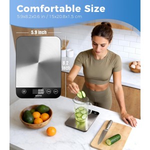 Food Scale, 33lb Rechargeable Kitchen Scale with Stainless Steel, Grams and Ounces, USB Charging, 1g High Accuracy for Baking, Cooking & Food Prep, Black, BK806