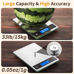 Food Scale, 15kg/33lb Digital Kitchen Scale with Stainless Steel & Tempered Glass, 1g / 0.05oz Precise Graduation, Waterproof and Sturdy Surface, for Cooking, Baking, Weight Loss, Meal Prep