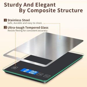 Food Scale, 15kg/33lb Digital Kitchen Scale with Stainless Steel & Tempered Glass, 1g / 0.05oz Precise Graduation, Waterproof and Sturdy Surface, for Cooking, Baking, Weight Loss, Meal Prep