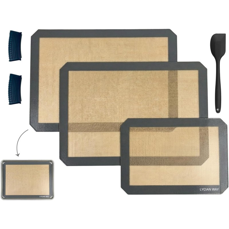 Silicone Baking Mat Set of 2 Half Sheet 1 Quarter Sheet Nonstick Reusable Baking Sheet Liners for Cookies Macarons Bread Pizza Pastry with Scraper and Hot Pot Handle Grips, 6 Pcs Set