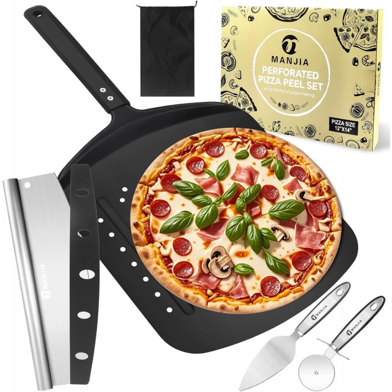 Perforated Pizza Peel Aluminum 12 Inch Non-stick Metal Pizza Paddle with Rocker Cutter 12