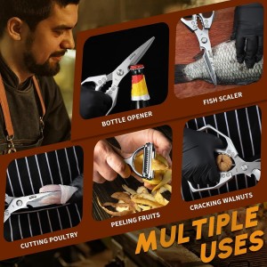 HUUSK Kitchen Scissors and Vegetable Peeler Set - Silver Stainless Steel Cooking Kitchen Shears for Food with Serrated Peeler, Heavy Duty Japanese Dishwasher Safe Meat Scissors, Gift for Men