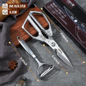 HUUSK Kitchen Scissors and Vegetable Peeler Set - Silver Stainless Steel Cooking Kitchen Shears for Food with Serrated Peeler, Heavy Duty Japanese Dishwasher Safe Meat Scissors, Gift for Men