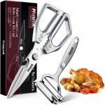 HUUSK Kitchen Scissors and Vegetable Peeler Set - Silver Stainless Steel Cooking Kitchen Shears for Food with Serrated Peeler, Heavy Duty Japanese Dishwasher Safe Meat Scissors, Gift for Men