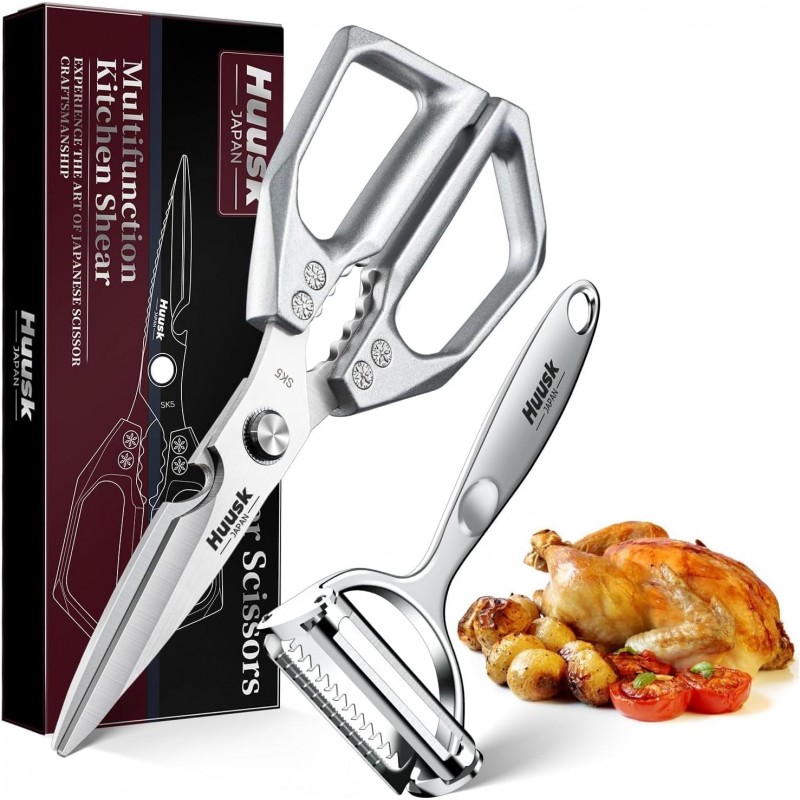 HUUSK Kitchen Scissors and Vegetable Peeler Set - Silver Stainless Steel Cooking Kitchen Shears for Food with Serrated Peeler, Heavy Duty Japanese Dishwasher Safe Meat Scissors, Gift for Men