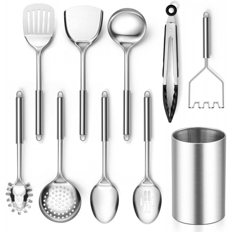 E-far Cooking Utensils Set, 10-Piece Stainless Steel Kitchen Utensils with Holder, Metal Heat Resistant Kitchen Cookware Tool Spatula Set for Cooking, Easy Clean & Dishwasher Safe