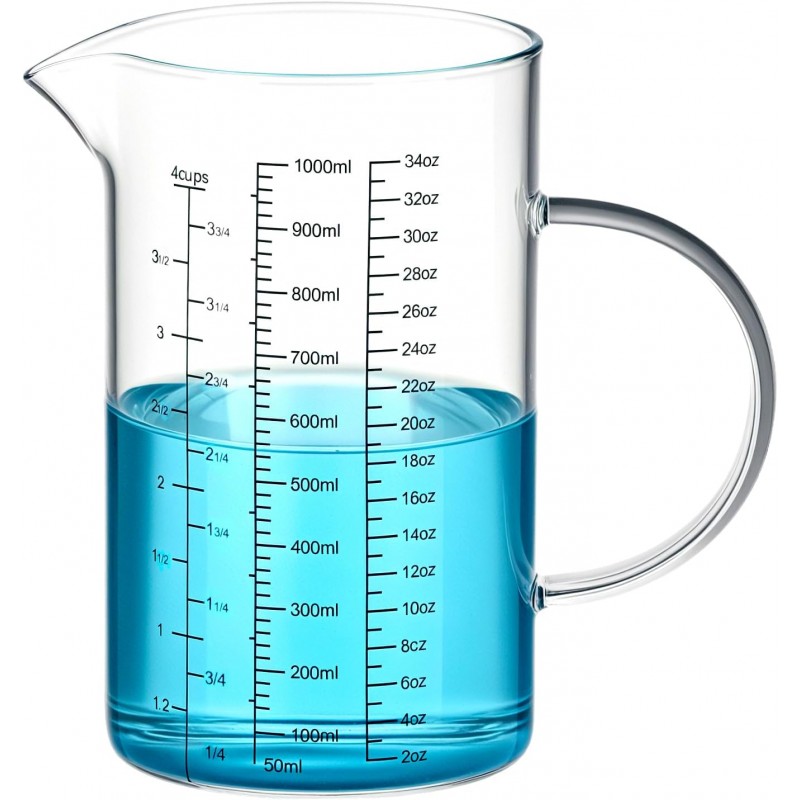 QWORK 34OZ/1000ML Glass Measuring Cup (Ml/Oz/Cup), 4 Cups Multi-Purpose Kitchen Tool with V-Shaped Spout & Handle